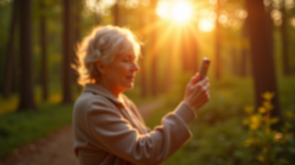 Senyva moteris su išmaniuoju telefonu miške fotografuojanti gamtą, saulėlydžio šviesa